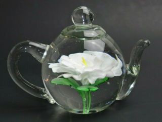 Dynasty Gallery Heirloom Collectibles Art Glass Teapot Paper Weight White Flower 2