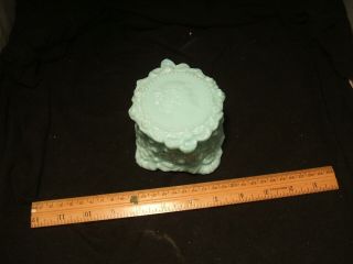 Fostoria Jenny Lind Blue Green Powder Jar Opaque Glass 1950s Era Vanity Item
