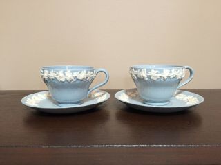Set Of 2 Wedgwood Queensware Embossed Grapevine Tea Cups And Saucers