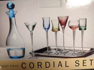 Cordial Set 7 Piece Set Ice Blue Decanter W/ 6 Colored Glasses Lnt Home
