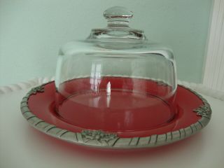 Arthur Court Red Holly Earthen Metalware Cheese/appetizer Plate With Glass Dome