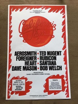 1978 California Jam Concert Poster Aerosmith Ted Nugent Heart Bob Welch Santana