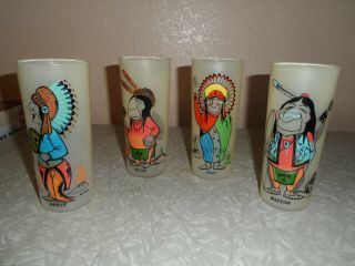 Bill T Flores Comic Native American Indian Glasses - - Set Of 4 1950s - - Funny