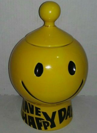 Vintage Mccoy Pottery " Have A Happy Day " Yellow Smiley Face Cookie Jar 235 Usa