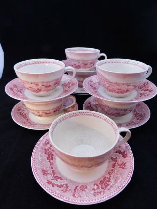 7 Johnson Brothers Bros Historic America Pink Cups & Saucers San Fran Gold Rush