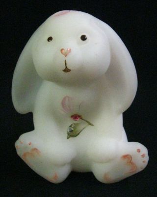 Scarce 1990s Fenton Satin Milk Glass Hand Painted Rabbit Figurine,  Artist - Signed