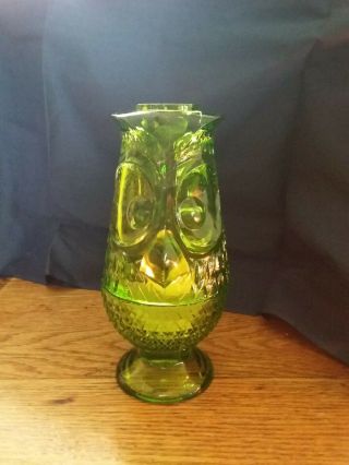 Vtg Mid Century Viking Glass Avocado Green Owl Fairy Glimmer Candle Holder