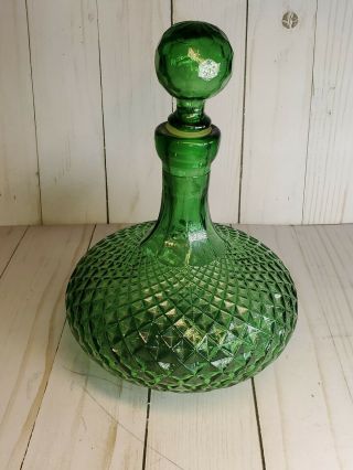 Italian Empoli,  Emerald Green Diamond Cut Glass W Stopper,  Vintage Genie Bottle