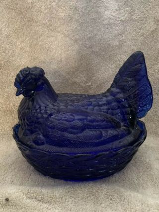 Vintage Large Indiana Glass Cobalt Blue Chicken Hen On Nest Candy Dish
