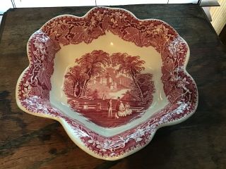 Vintage Masons Vista England Fluted Flower 8 7/8” Pink Red Serving Bowl
