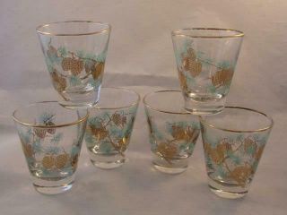 Vintage Mcm Libbey Cocktail Glass Set With 22k Gold & Aqua Pine Cone Design (5)