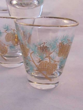 Vintage MCM Libbey Cocktail Glass Set with 22K Gold & Aqua Pine Cone Design (5) 2