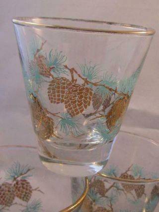 Vintage MCM Libbey Cocktail Glass Set with 22K Gold & Aqua Pine Cone Design (5) 3