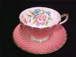 Aynsley Tea Cup & Saucer Coral W/ Large Pink Rose Gold Trim Floral