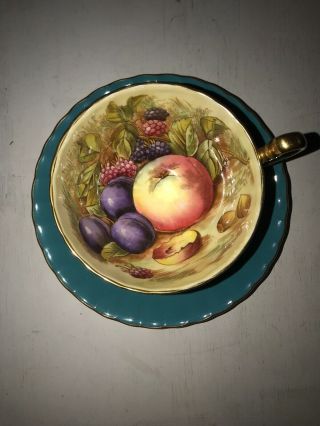 Vintage Ansley Green Orchard Fruits Fine Bone China Cup & Saucer Signed Vgc