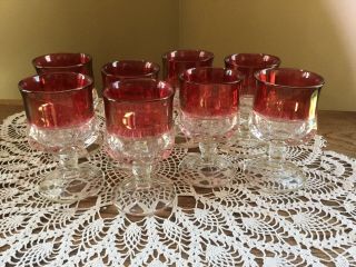Set 8 Ruby Red Cranberry Kings Crown Thumbprint Pedestal Cordial Goblets 4”