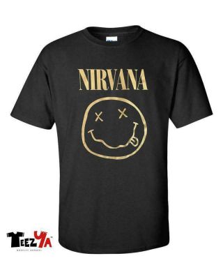 Nirvana Smiley Face T - Shirt Nevermind Kurt Cobain Graphic Tee Punk Gold Logo