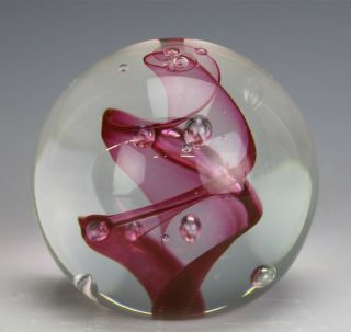 Signed Mystery Artist Hand Blown Cased Pink Spiral Ribbon Art Glass Paperweight