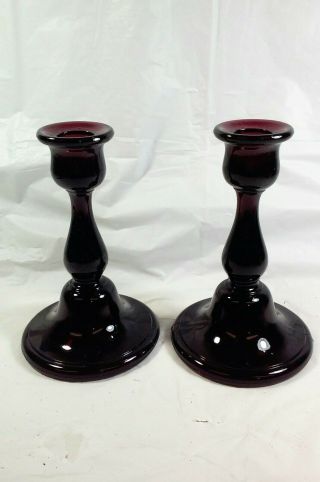 Vintage Black Amethyst Glass Candlestick Candle Holder Pair