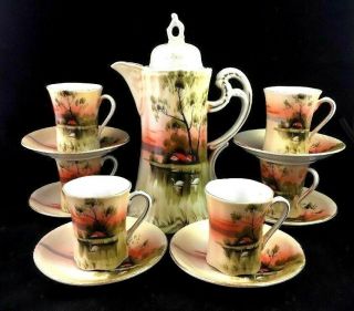 Gorgeous Nippon Chocolate Set Pot,  6 Cups & Saucers Swans On Lake House Trees M