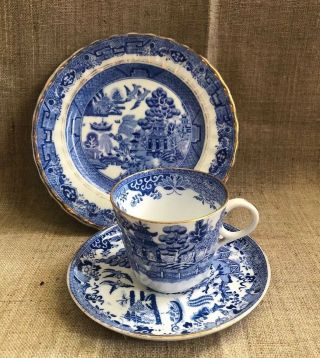 Copeland Spode Blue Willow Gold Cup & Saucer Set With Extra Plate Vtg Circa 1880
