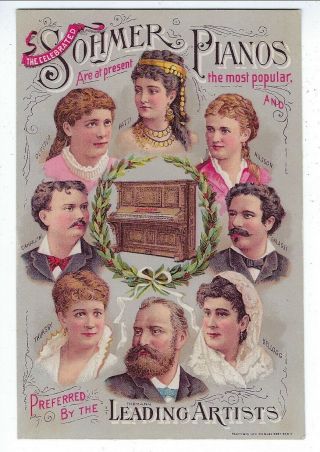 Fine Sohmer Pianos Trade Card,  Portraits Of 8 Leading Artists,  1880s