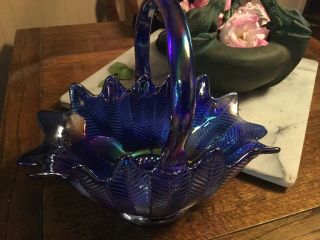 L E Smith Blue Iridescent Carnival Glass Herringbone Basket