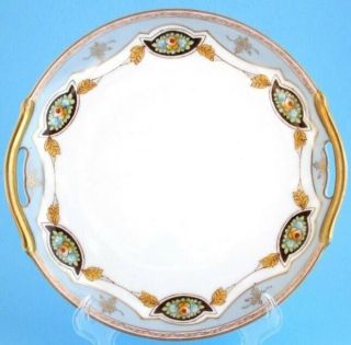 Meito China Hand Painted Handled Cake Plate Flowers Blue Gold Made In Japan