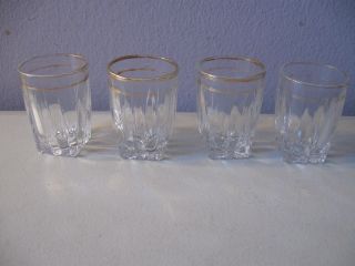 (4) Vintage Shot Glasses Double Gold Rim Federal Glass Square Bottom Barware