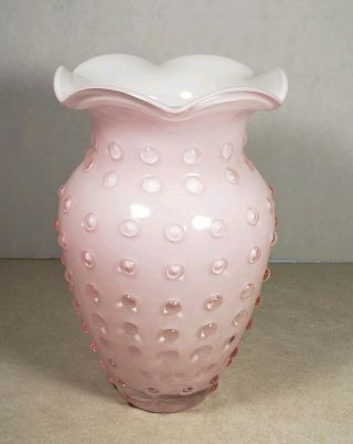 Vintage Fenton 7 " Tall Pink Cased White Overlay Hobnail Vase