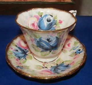 Royal Albert Summer Bounty Series - Sapphire - Footed Cup & Saucer W/ Gold Trim
