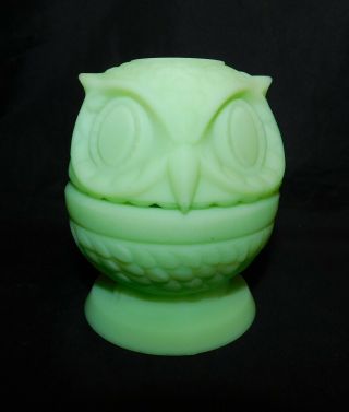 Vintage Fenton Art Glass - 2 Piece Green Satin Owl Fairy Lamp