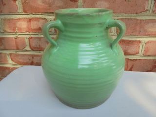 Antique Vintage Art Pottery Green Glaze 3 Handled Vase 7 1/4 "
