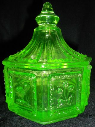 Green Vaseline Glass Springerle Pattern Candy Dish Butter Pat Uranium Cookie Jar