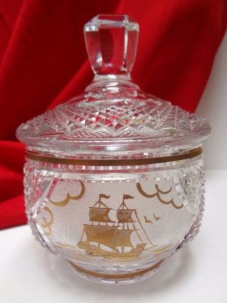 Nautical Cut & Frosted Glass Covered Candy/nut Dish W/gold Clipper Ship