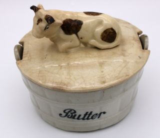 Vintage Butter Dish With Lid Glazed Ceramic Cow Very Cute
