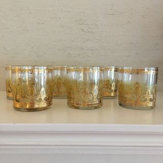 Set Of 6 Vintage Culver 22k Embellished Gold Fleur De Lis Glasses