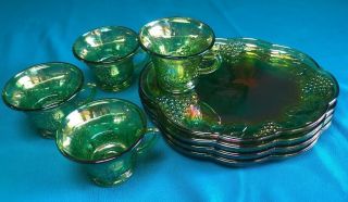 8 Piece Carnival Glass Lime Green Iridescent Harvest Snack Set