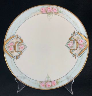 Antique Hand Painted Large Plate Art Deco - Gold Pink Roses 10.  5 " Thomas Sevres
