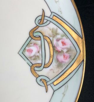 Antique Hand Painted Large Plate Art Deco - Gold Pink Roses 10.  5 