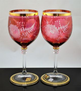 Vintage Czech Republic Crambery Red Etched Gilded Wine Glasses Goblets Set Of 2