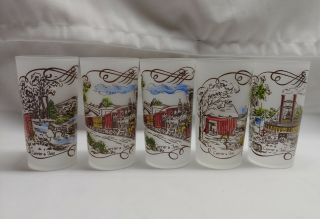 Vintage Federal Set Of 5 Currier And Ives Frosted Drinking Glasses Tumblers