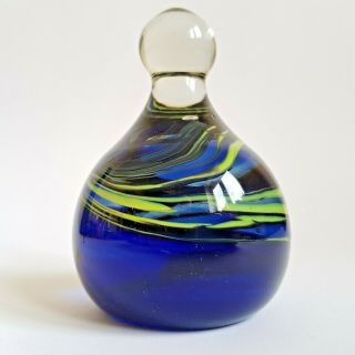 Vintage C1970s Mtarfa Glass Dump Paperweight Blue Yellow Swirls With Label :a8