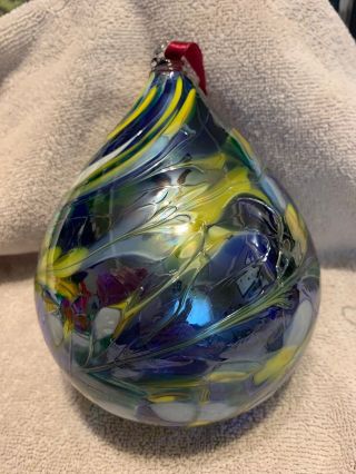 Huge 6”hand Blown Glass Gazing Ball Teardrop Christmas Ornament Orb Blue Yellow