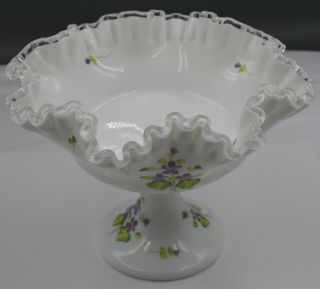 Vintage Fenton Silvercrest Handpainted Violets In The Snow Compote Signed