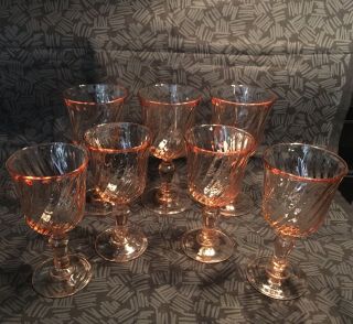 Vintage Arcoroc France Pink Swirl Rosaline Water Goblets (3) And Wine Glasses (4)