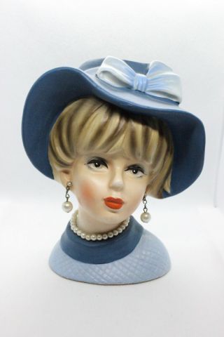 Vintage Napco Lady Head Vase/planter Pearl Earrings/necklace Hat/bow Blue C7494