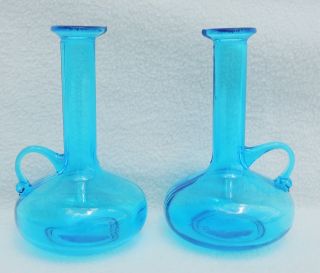 Pair Vintage Hand Blown Turqouise Art Glass Oil & Vinegar Bottles Cruets 4494