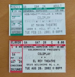 Coldplay 2 Ticket Stubs Los Angeles 2001 2002 El Rey Theatre Mayan Theatre