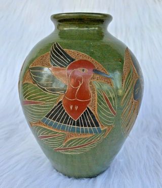 Vintage Handmade Green Nicaragua Clay Pottery Vase Traditional Carved Folk Art